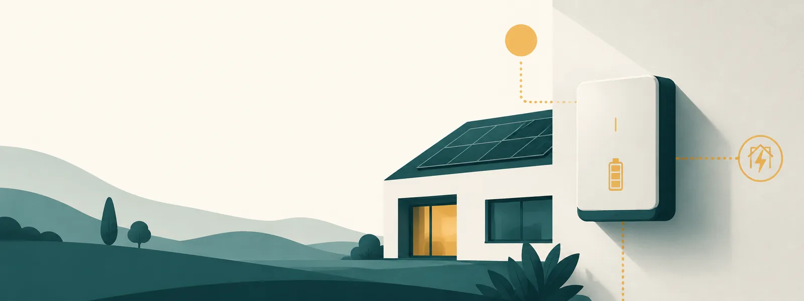 Illustratie van een woning met zonnepanelen op het dak, waarbij de opgewekte stroom via een wandgemonteerde thuisbatterij naar het huis loopt.